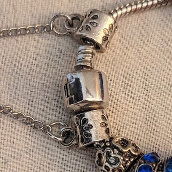Charm Bracelet With Blue Crystal Beads in Silver Tone Metal with Safety Chain - Picture 6 of 13